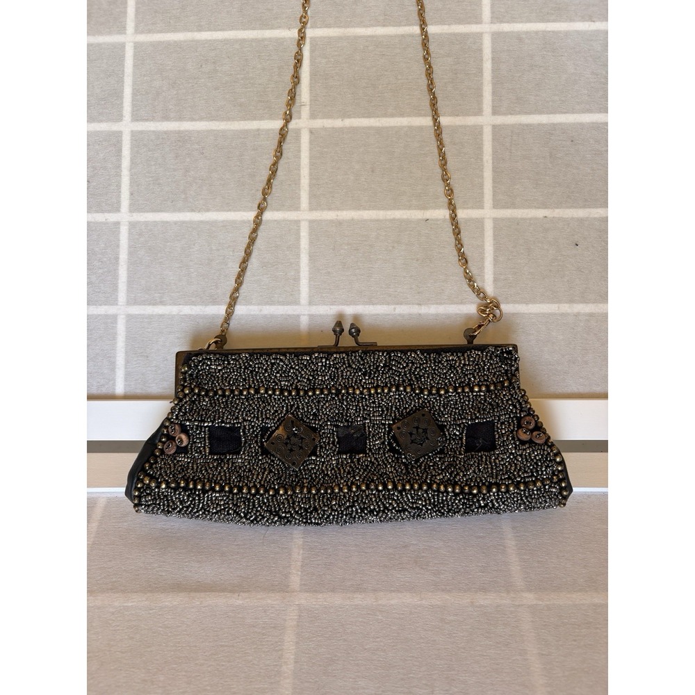 VTG Indian Beaded Leather Clutch Bag Whimsigoth Boho Fairycore Y2K Kiss Lock